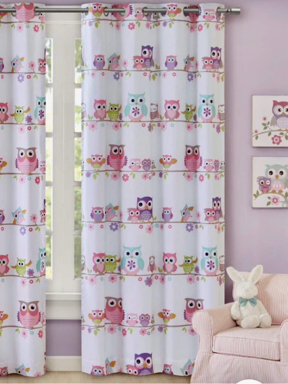 (6) Mi-Zone Kids Owl Pattern Window Curtain Panels & (1) pillow - Pink, Teal
